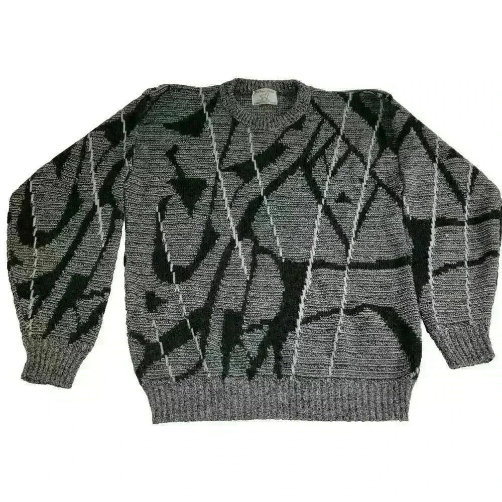 80s Vintage Womens L Geometric Crew Neck Sweater College Point Abstract Retro